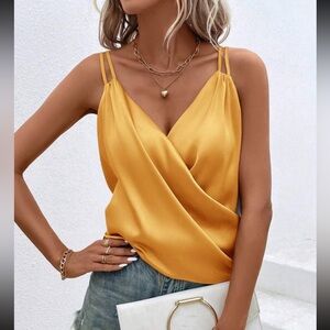 Luxe Satin Ruched Overlap Double Strap Cami Tank Top Blouse Shirt